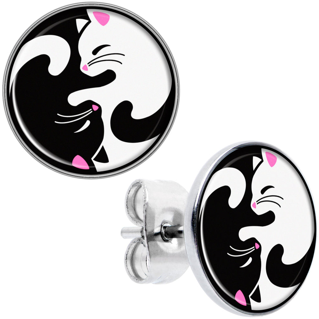 Cute Kitty Cat Yin Yang Stud Earrings by Onyx O