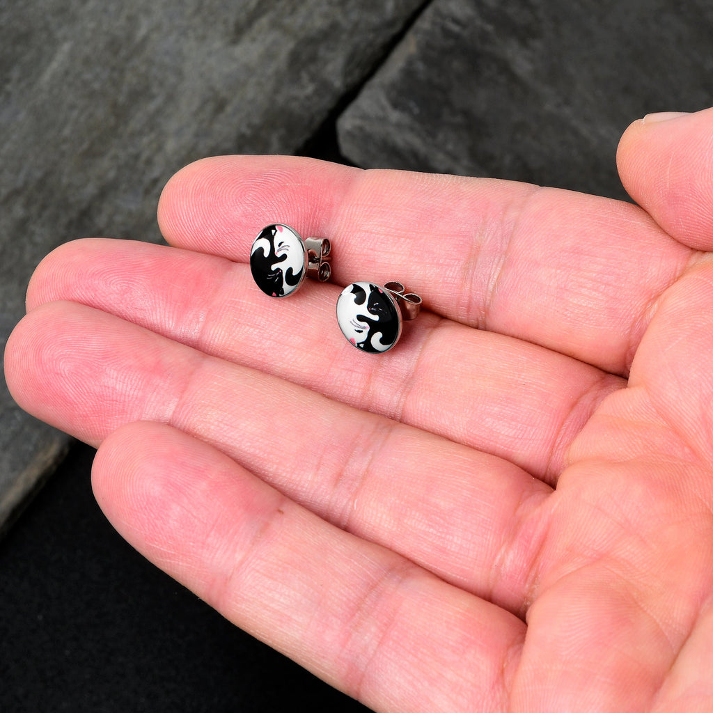 Cute Kitty Cat Yin Yang Stud Earrings by Onyx O