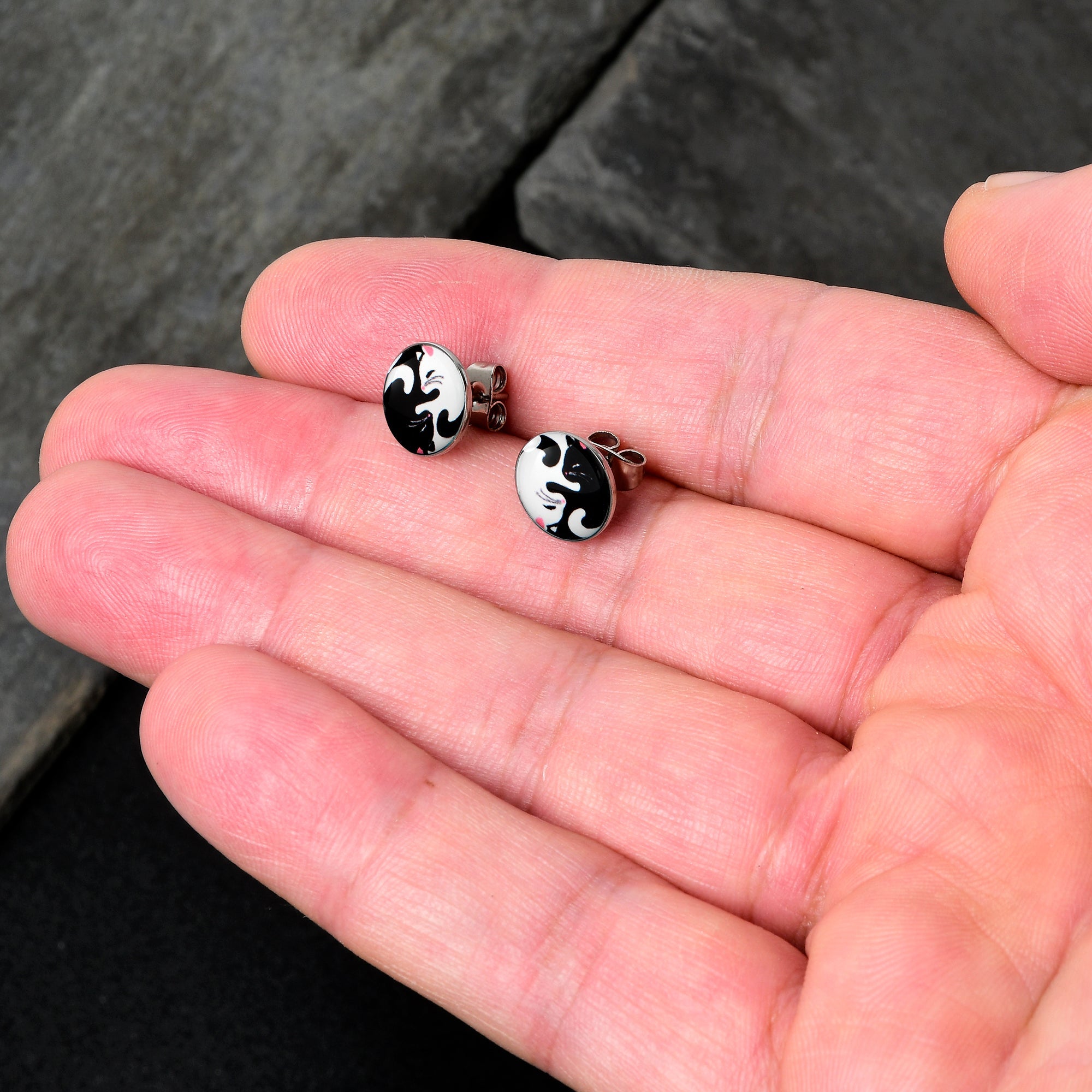 Cute Kitty Cat Yin Yang Stud Earrings by Onyx O