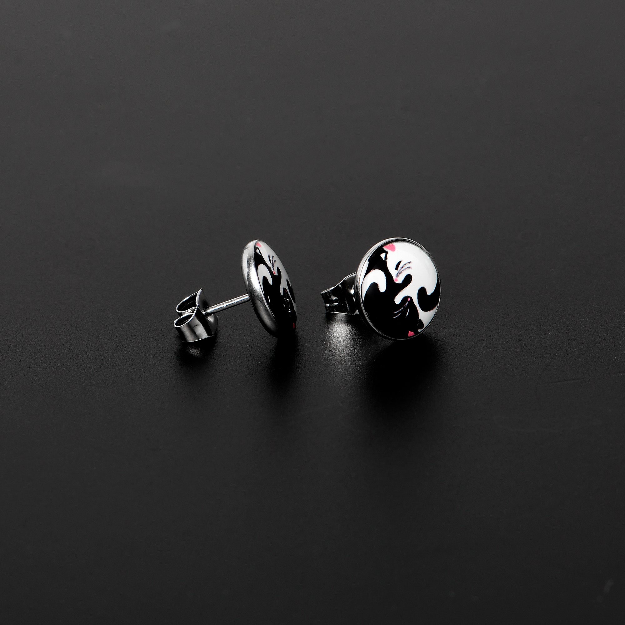 Cute Kitty Cat Yin Yang Stud Earrings by Onyx O