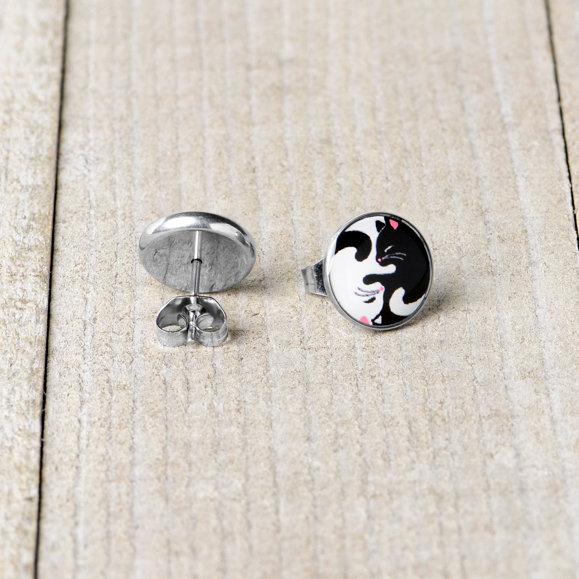 Cute Kitty Cat Yin Yang Stud Earrings by Onyx O