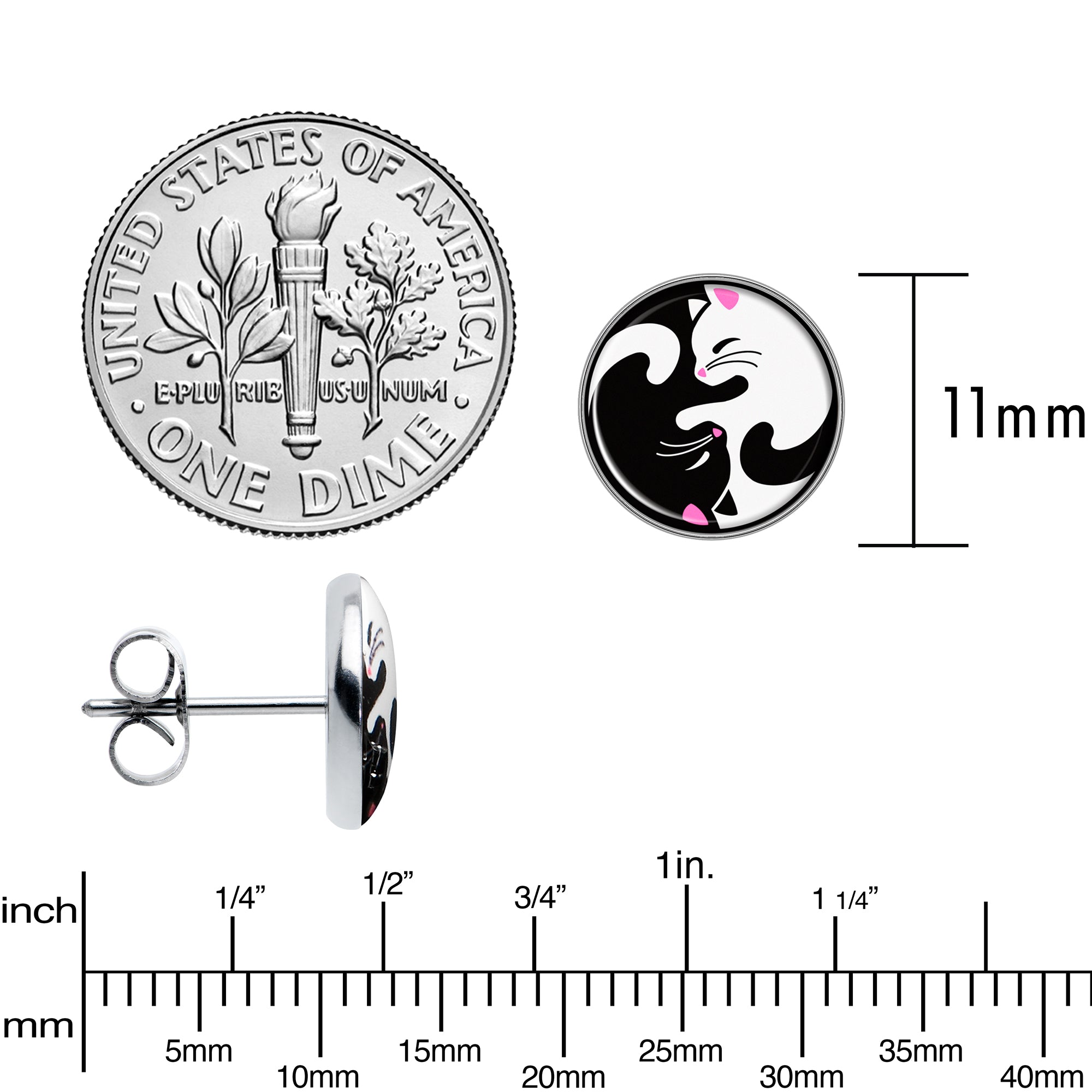 Cute Kitty Cat Yin Yang Stud Earrings by Onyx O