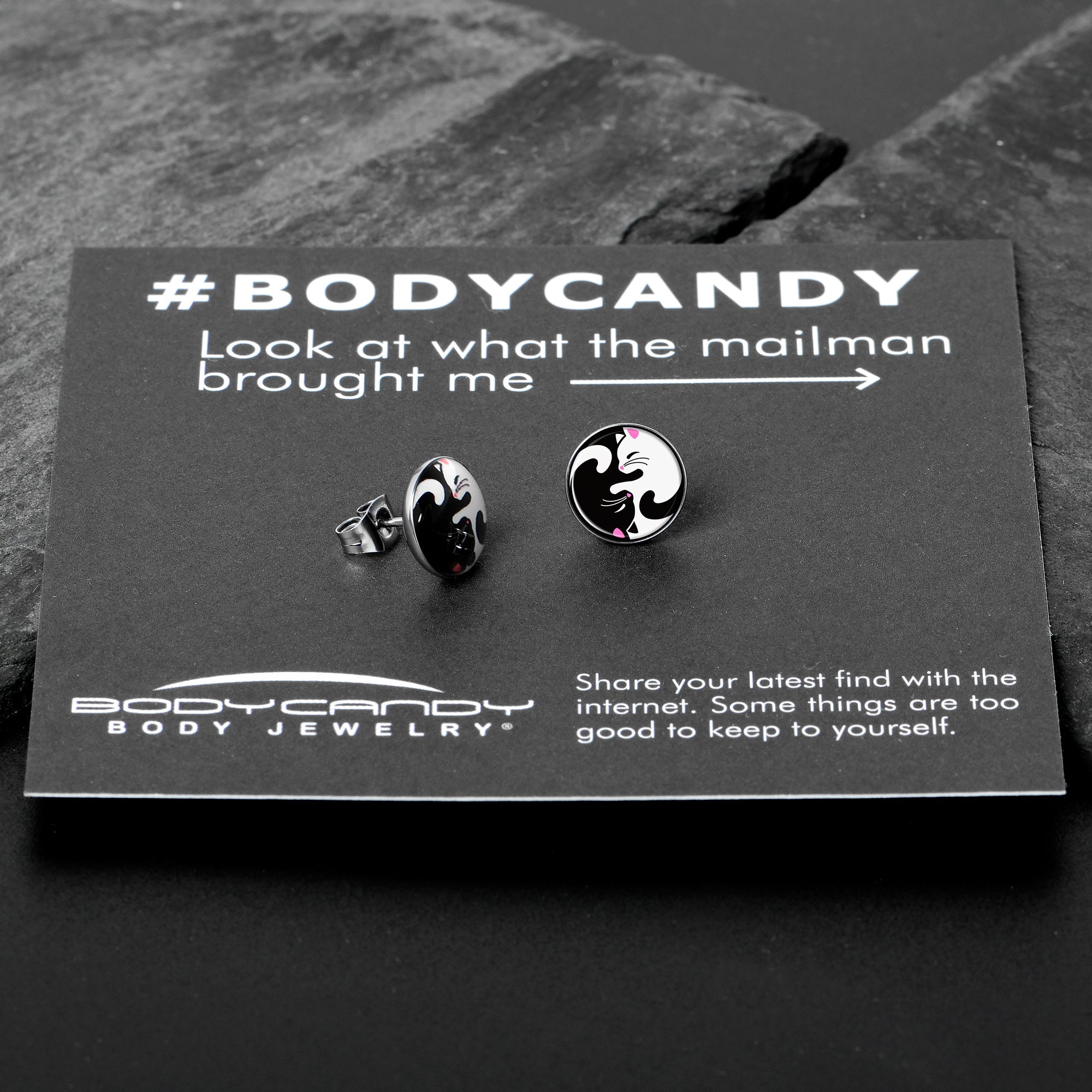 Cute Kitty Cat Yin Yang Stud Earrings by Onyx O