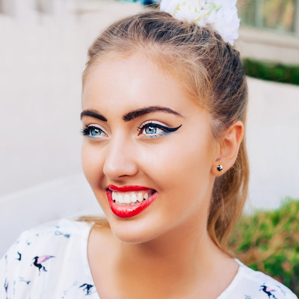 Cute Kitty Cat Yin Yang Stud Earrings by Onyx O