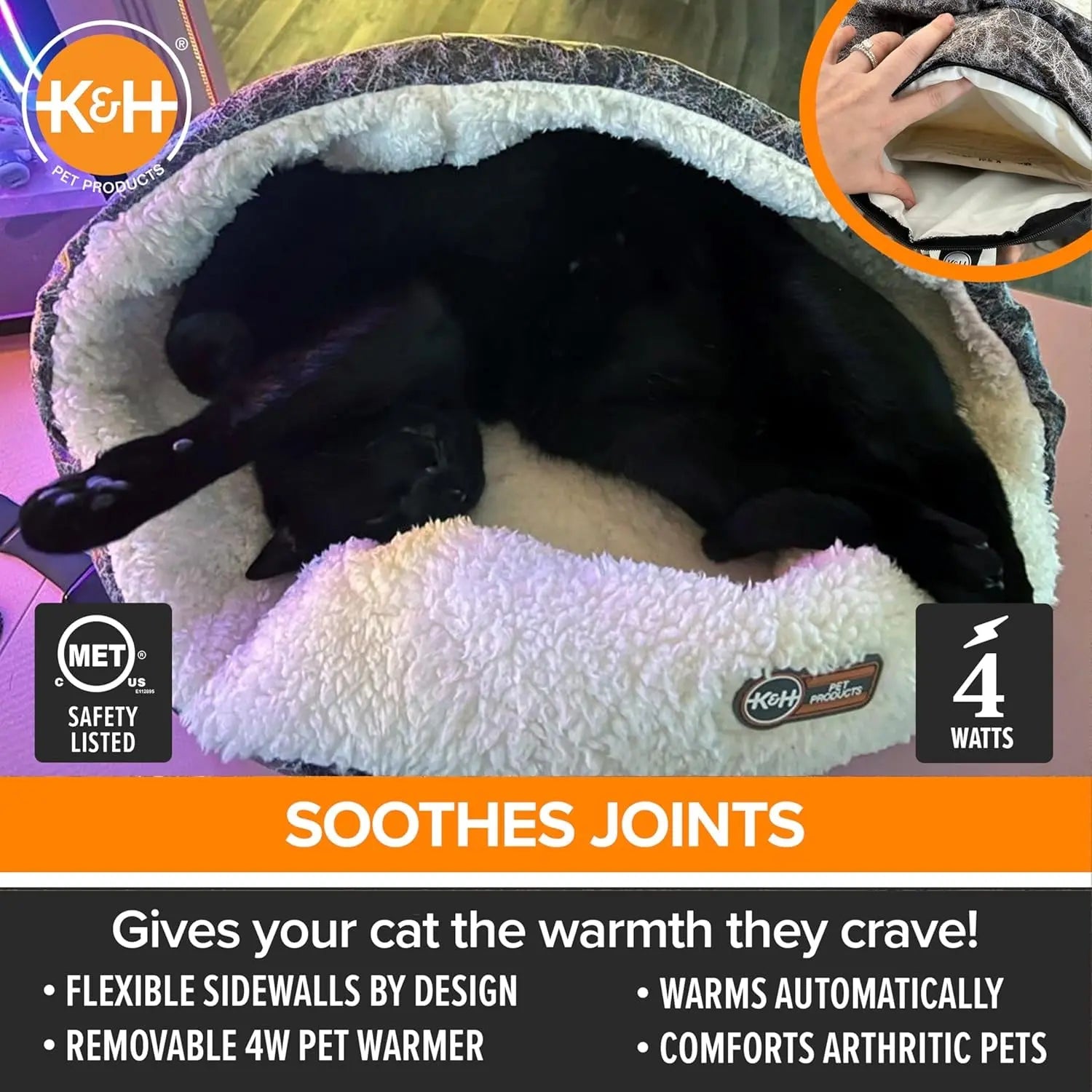 Heated Cat Bed with Removable Warmer, Soft Snuggle Cup, Washable, 14x18