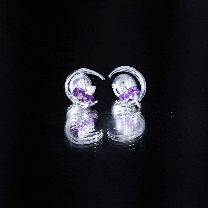 Natural Amethyst and Diamond Cat on Moon Stud Earrings