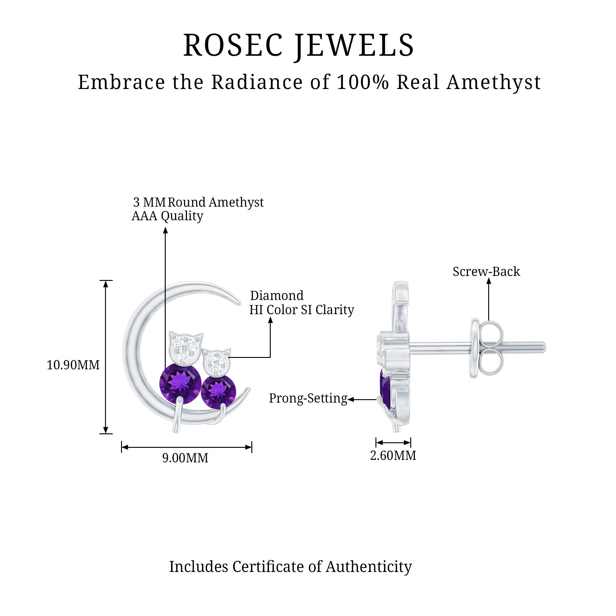 Natural Amethyst and Diamond Cat on Moon Stud Earrings