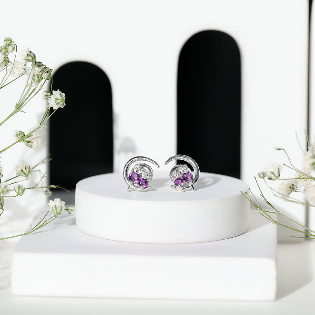 Natural Amethyst and Diamond Cat on Moon Stud Earrings