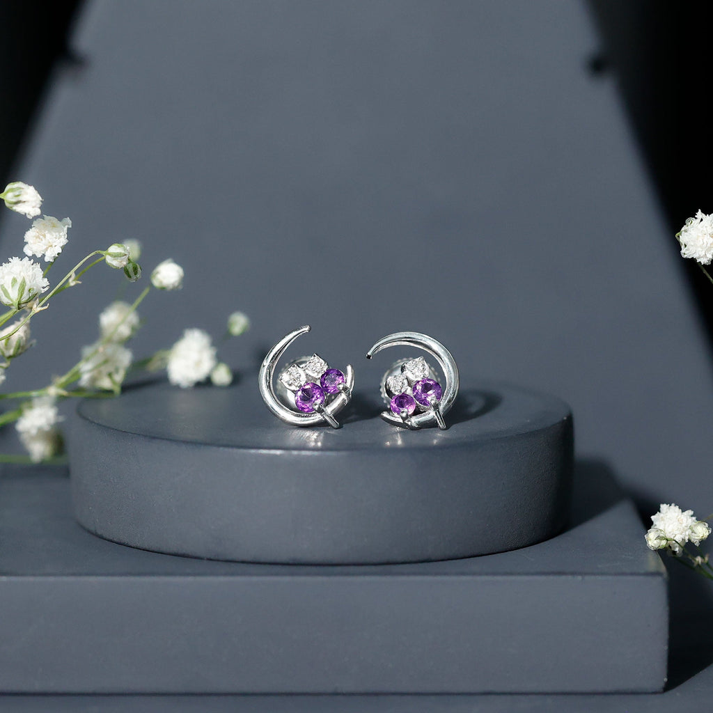 Natural Amethyst and Diamond Cat on Moon Stud Earrings