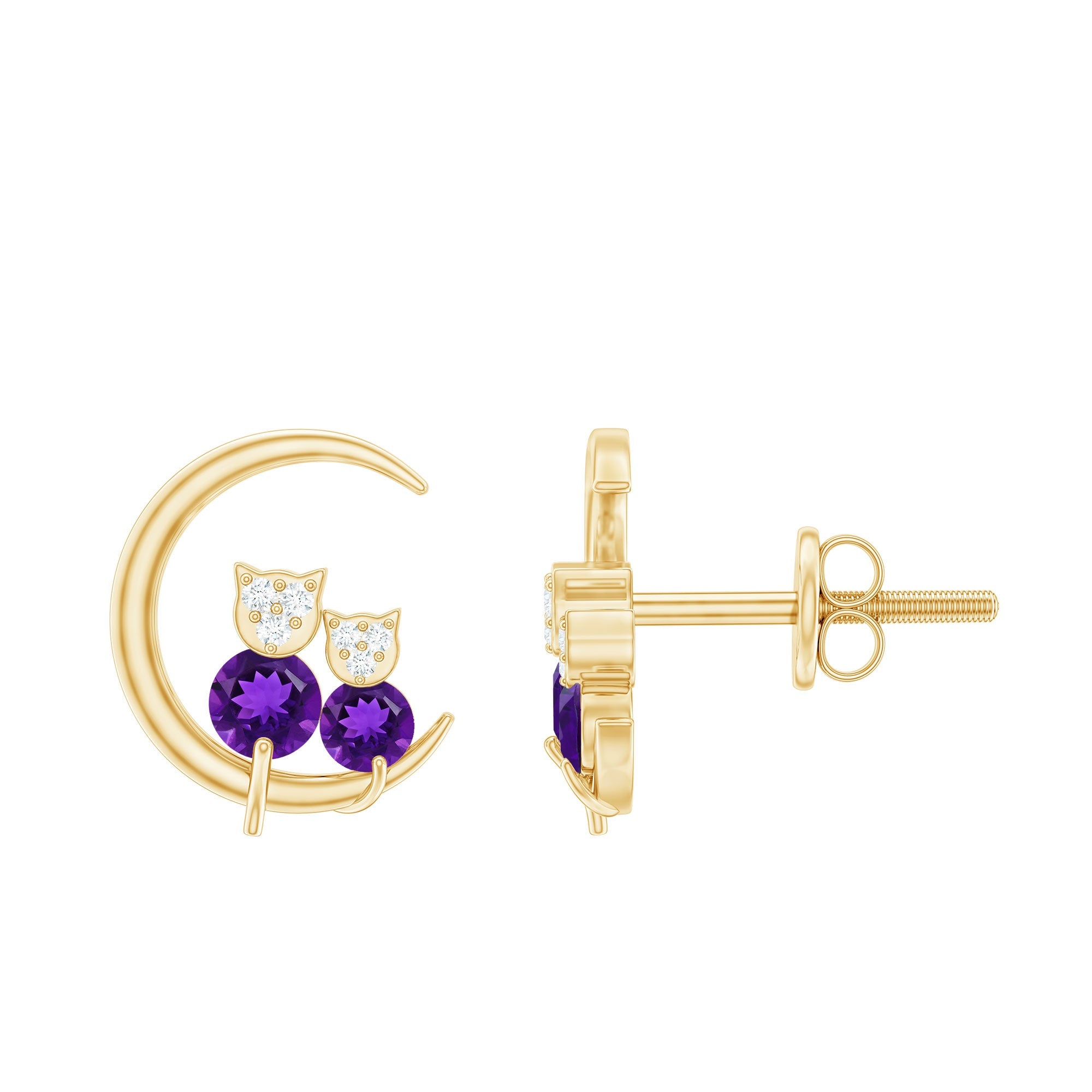Natural Amethyst and Diamond Cat on Moon Stud Earrings