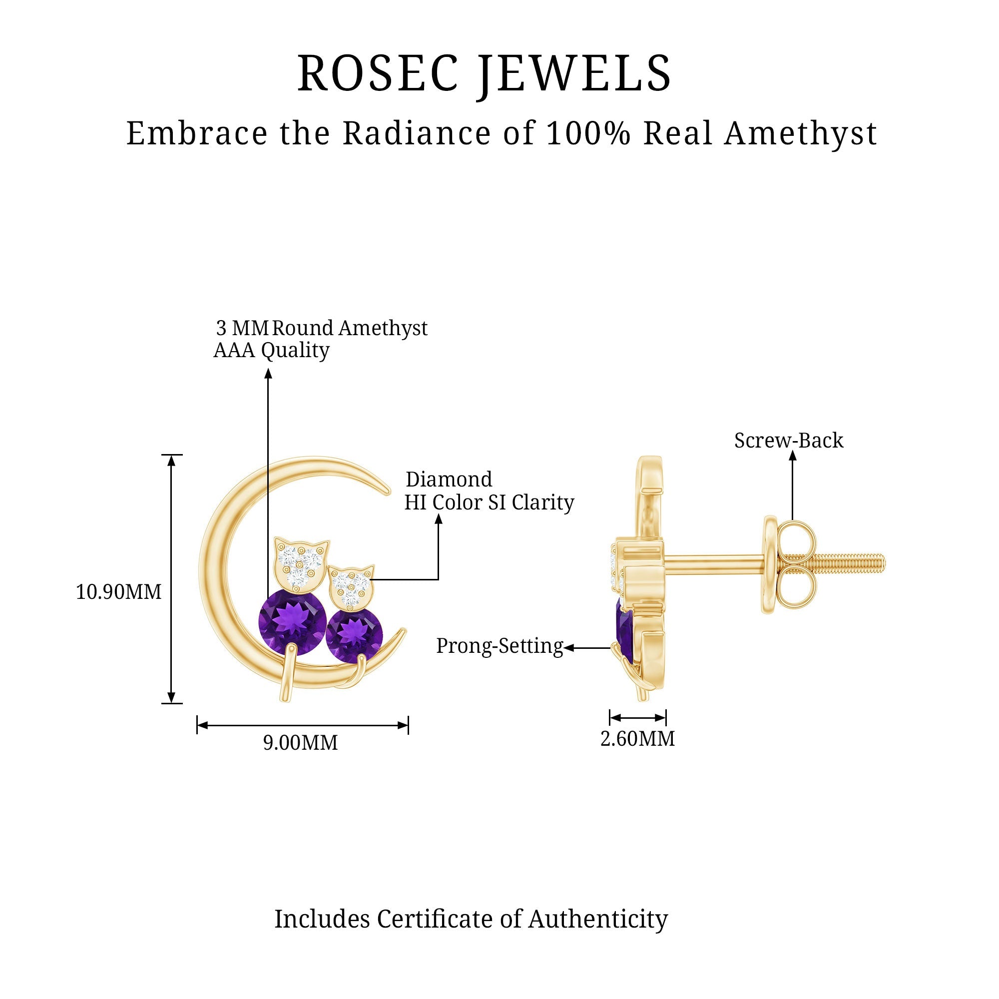 Natural Amethyst and Diamond Cat on Moon Stud Earrings