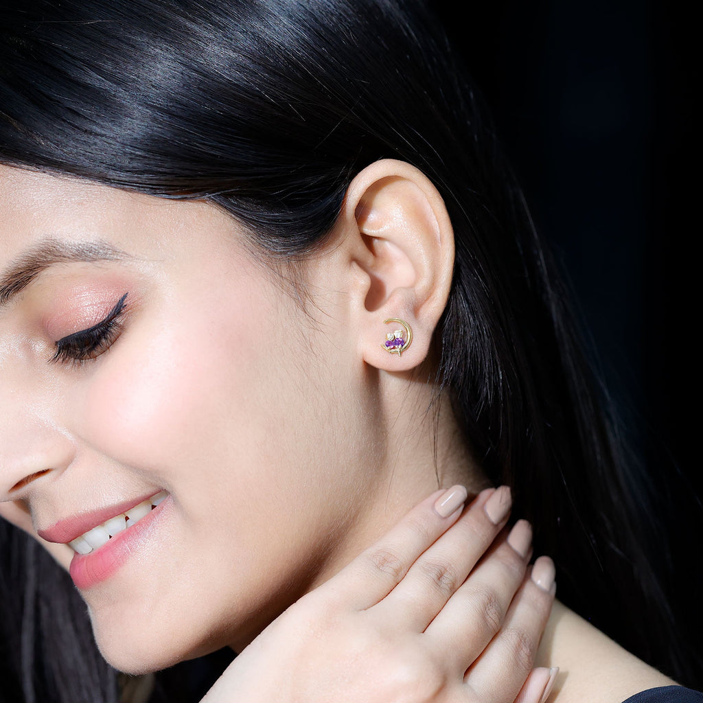 Natural Amethyst and Diamond Cat on Moon Stud Earrings