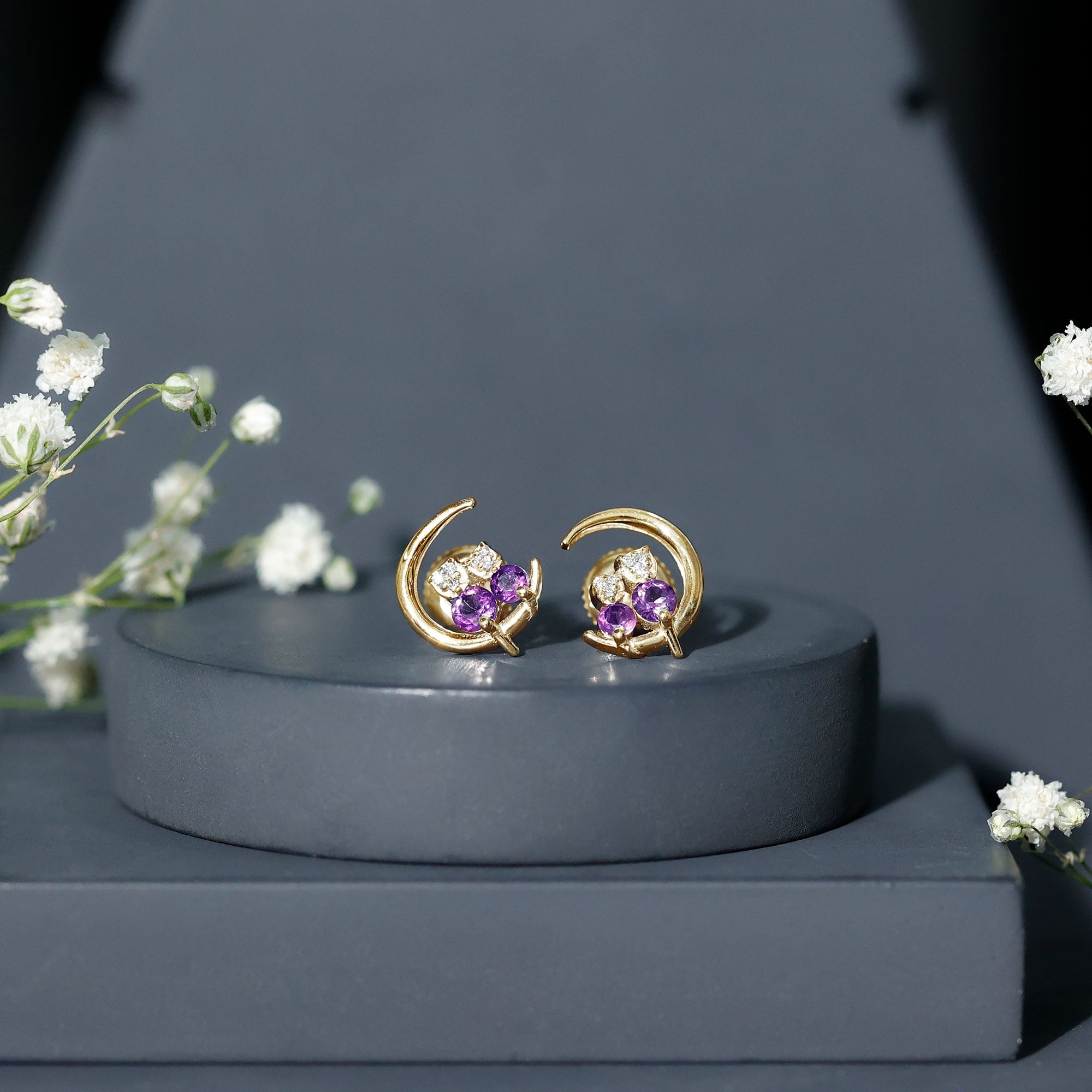 Natural Amethyst and Diamond Cat on Moon Stud Earrings