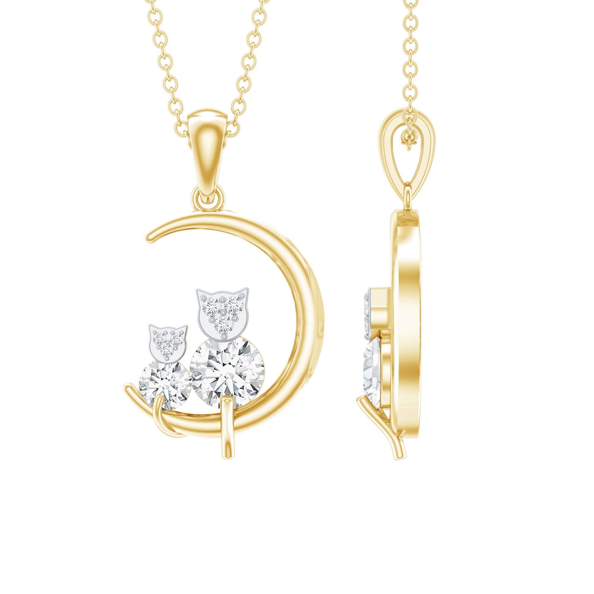 Certified Moissanite Cat on Moon Pendant