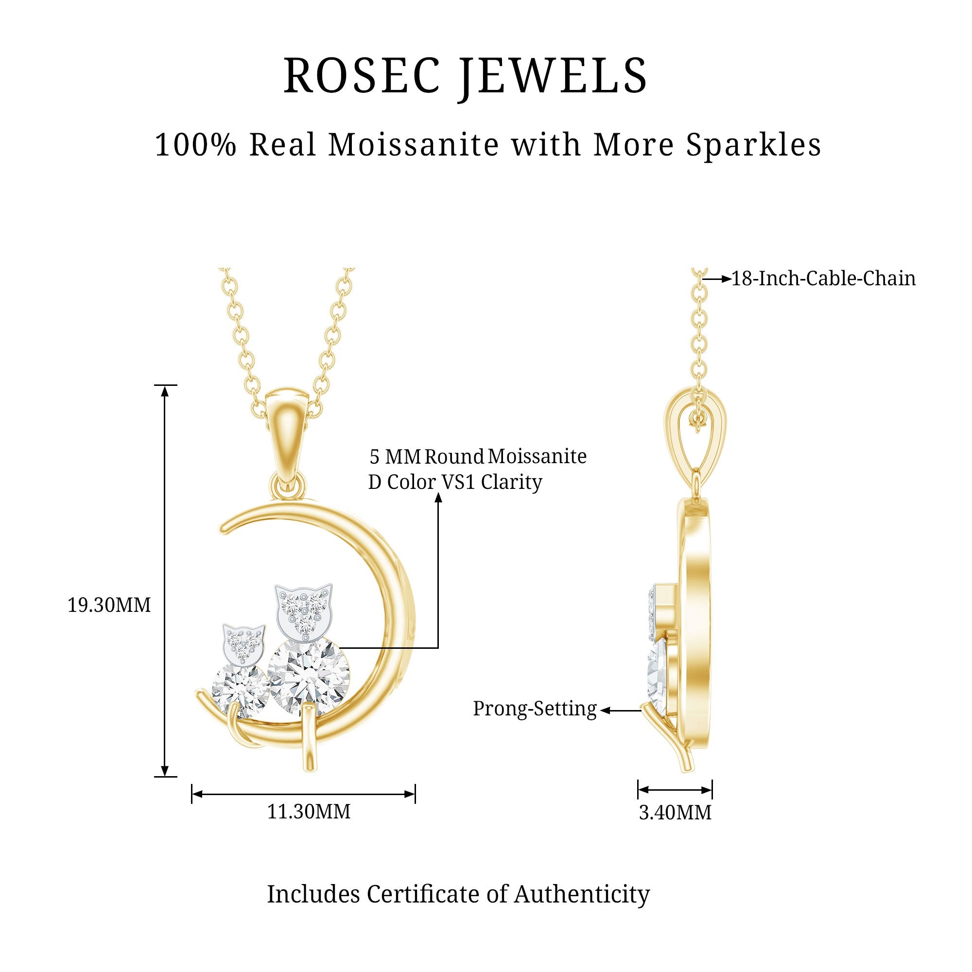 Certified Moissanite Cat on Moon Pendant