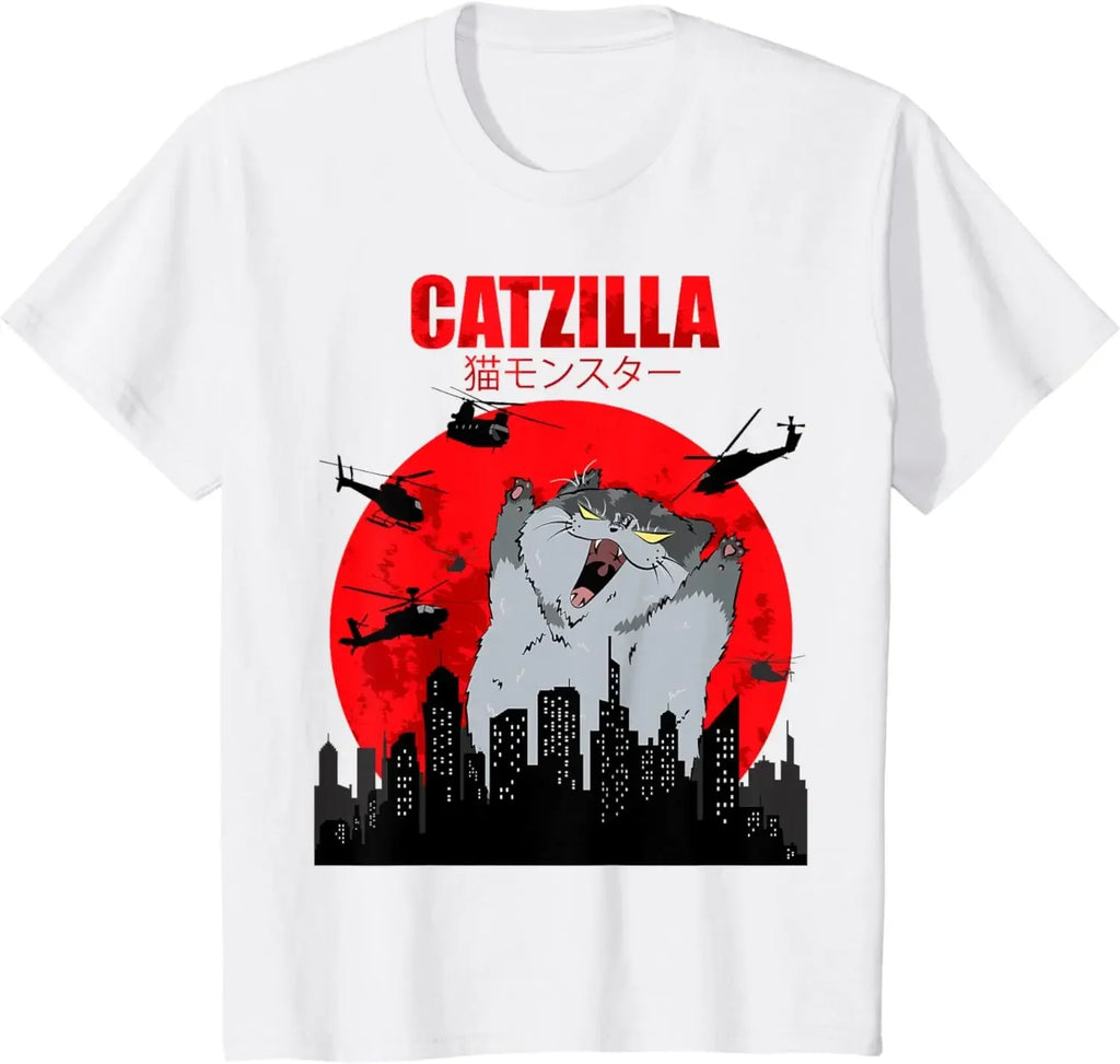 Funny Cute Art Japanese Cat Graphic for Cat Lover Catzilla T-Shirt Graphic T Shirts Women's Clothing Fashion