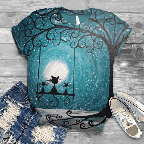 Women Summer Short Sleeve Digital 3D Cat Printed O-Neck Tops T Shirt Femme T-Shirts