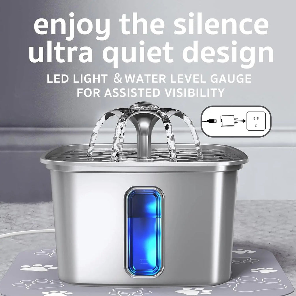 Stainless Steel Pet Water Fountain 95oz Quiet Automatic with Filters & Mat