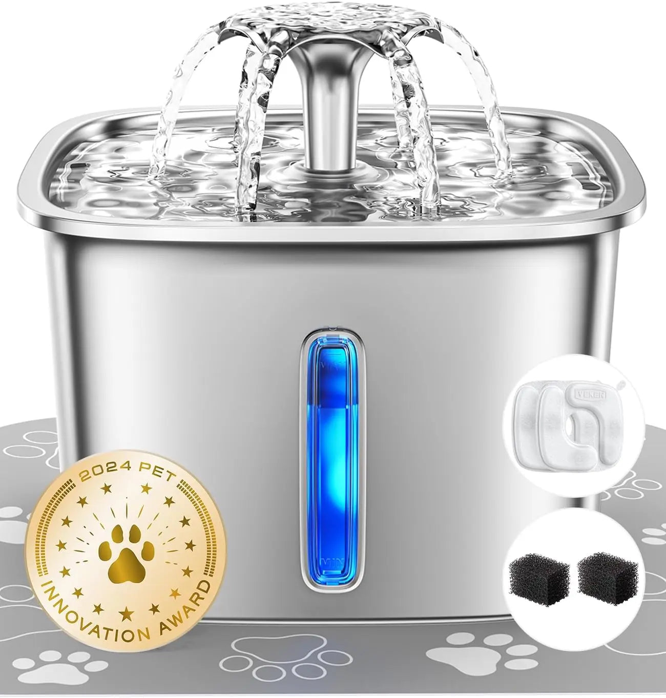 Stainless Steel Pet Water Fountain 95oz Quiet Automatic with Filters & Mat