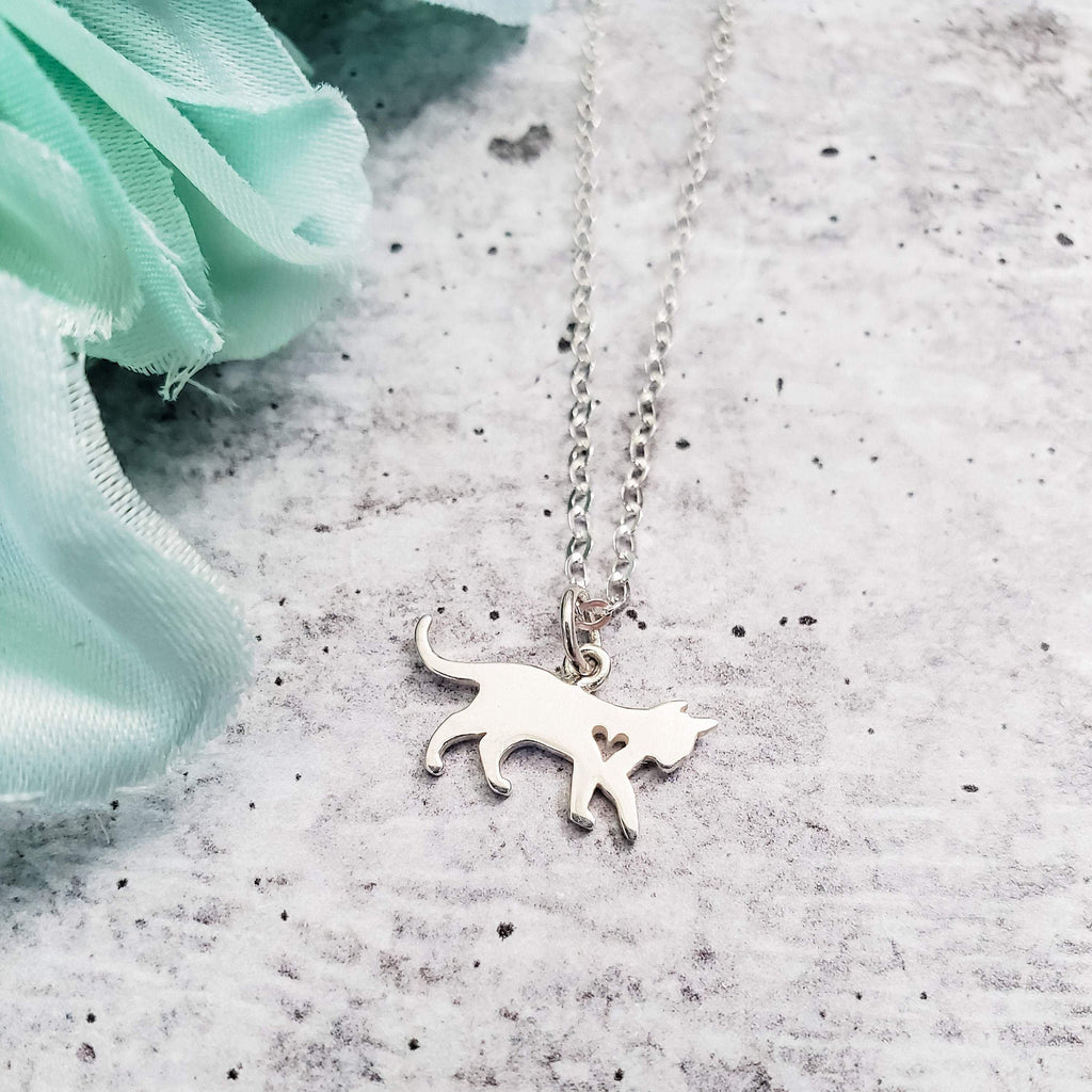 Tiny Cat Initial Pendant Silver Necklace