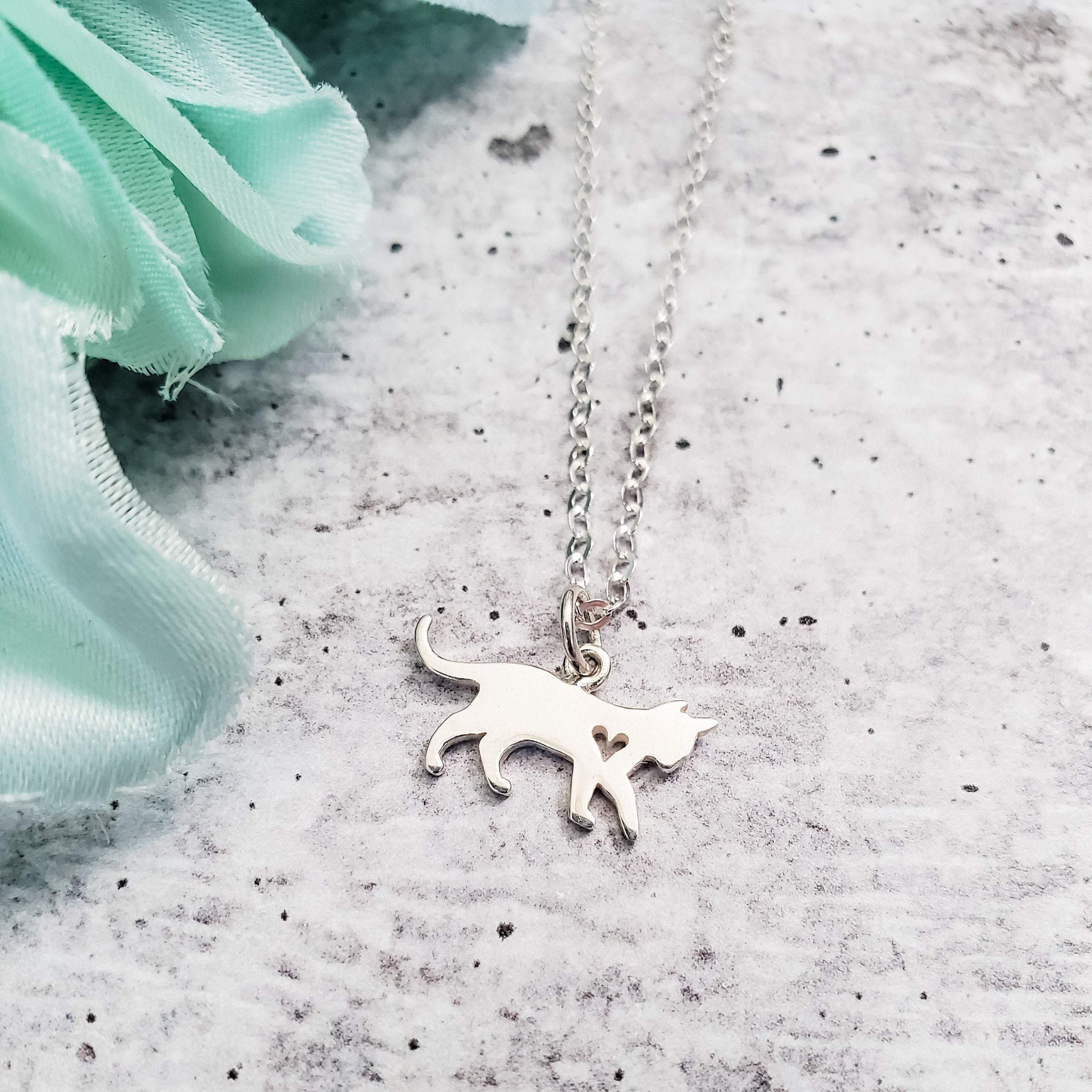 Tiny Cat Initial Pendant Silver Necklace