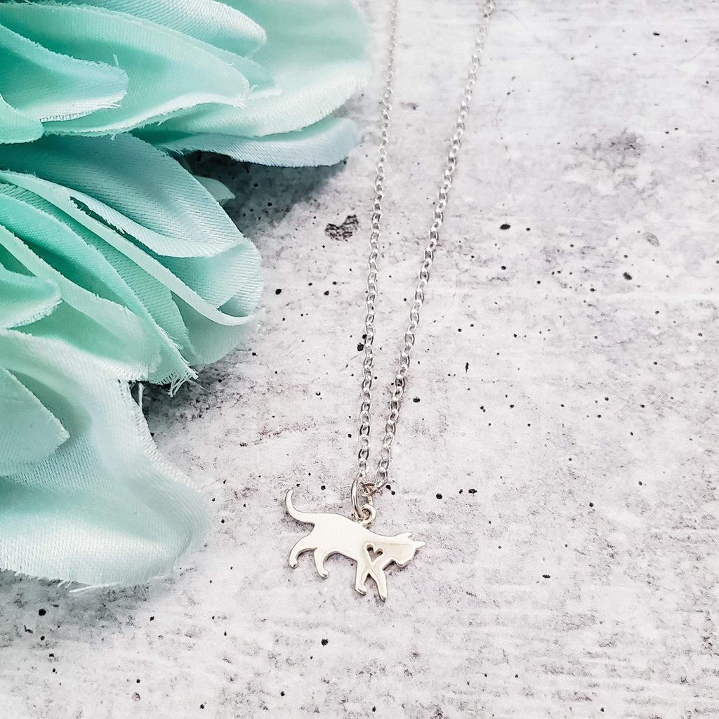 Tiny Cat Initial Pendant Silver Necklace