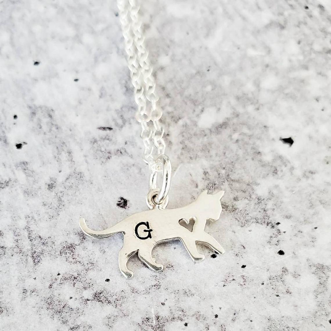 Tiny Cat Initial Pendant Silver Necklace